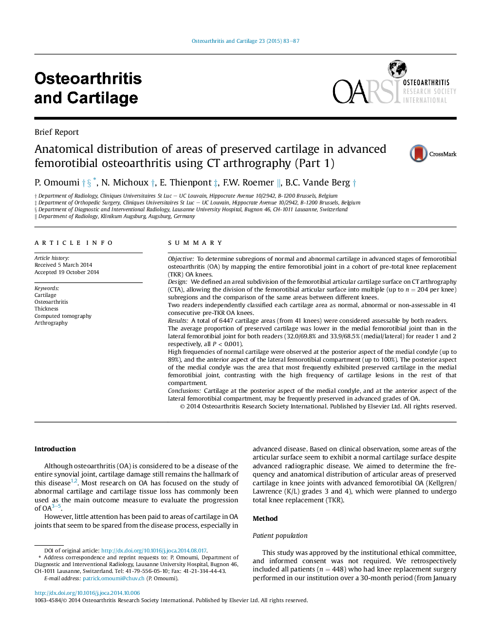 Anatomical distribution of areas of preserved cartilage in advanced femorotibial osteoarthritis using CT arthrography (Part 1)