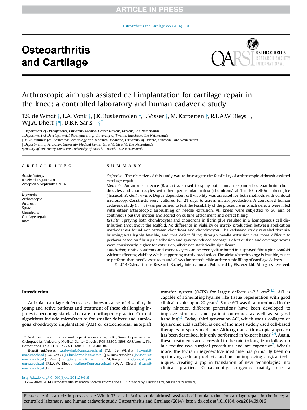 Arthroscopic airbrush assisted cell implantation for cartilage repair in the knee: a controlled laboratory and human cadaveric study