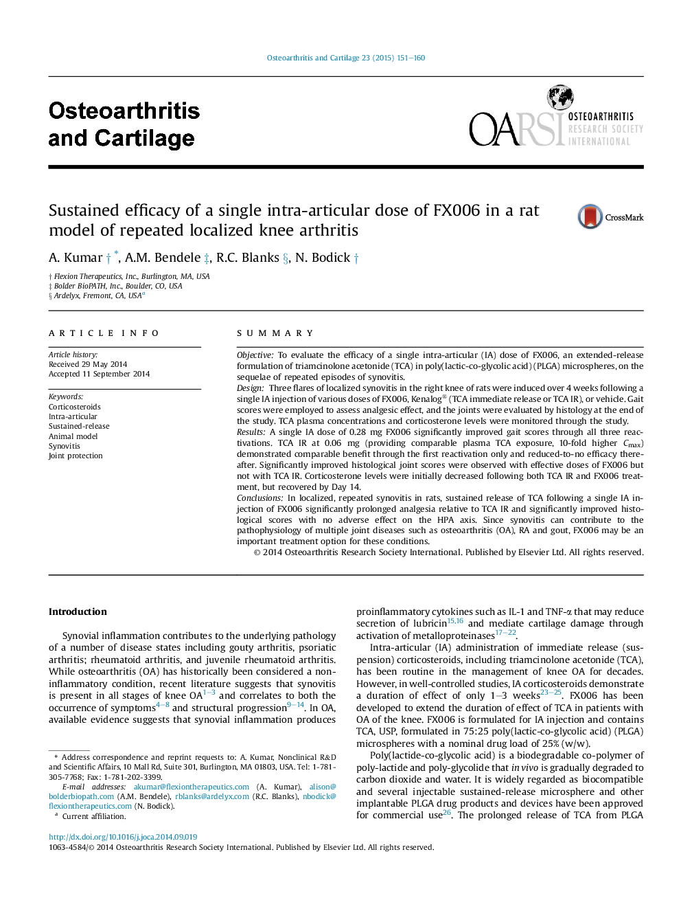 Sustained efficacy of a single intra-articular dose of FX006 in a rat model of repeated localized knee arthritis