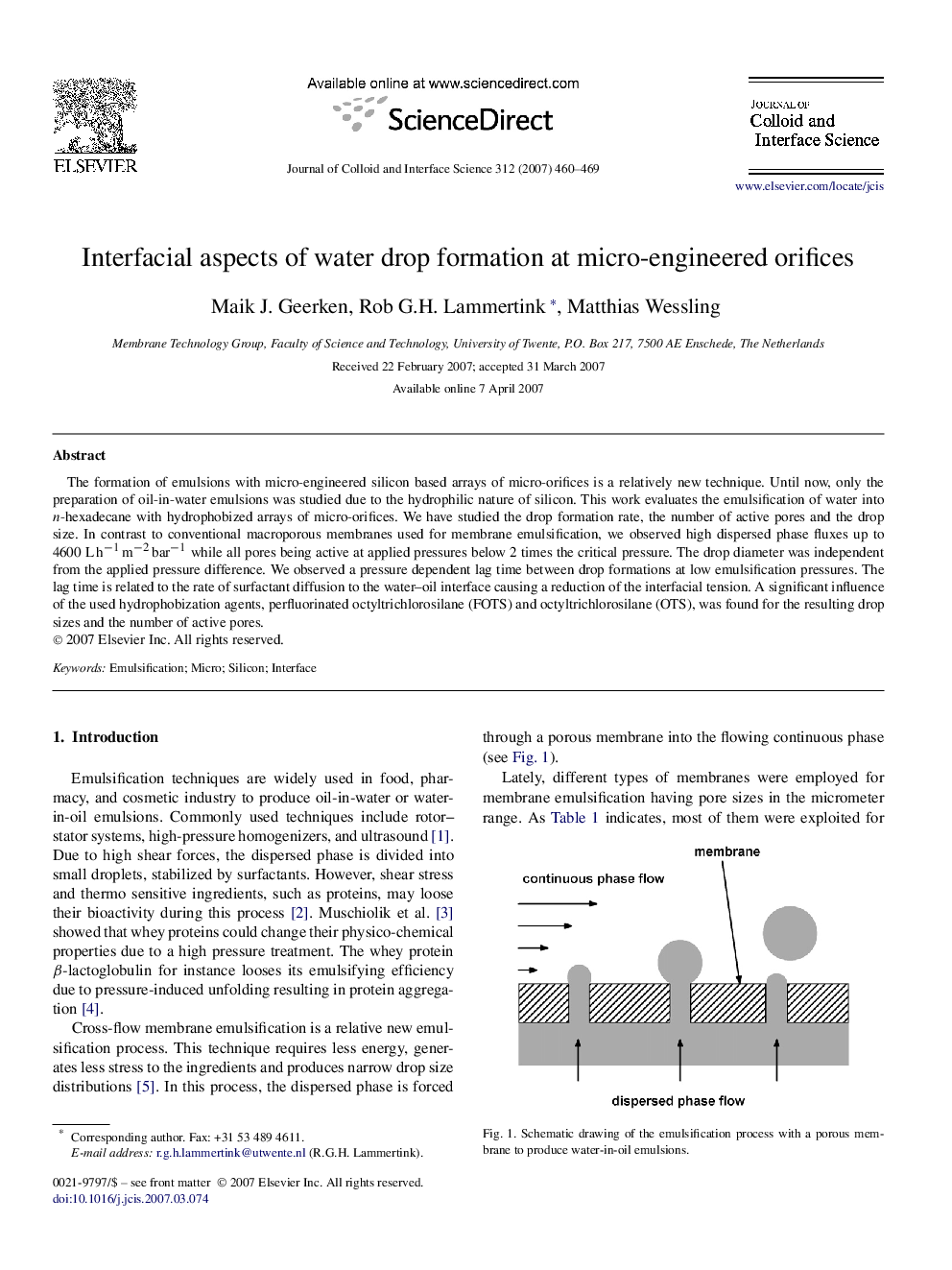 Interfacial aspects of water drop formation at micro-engineered orifices