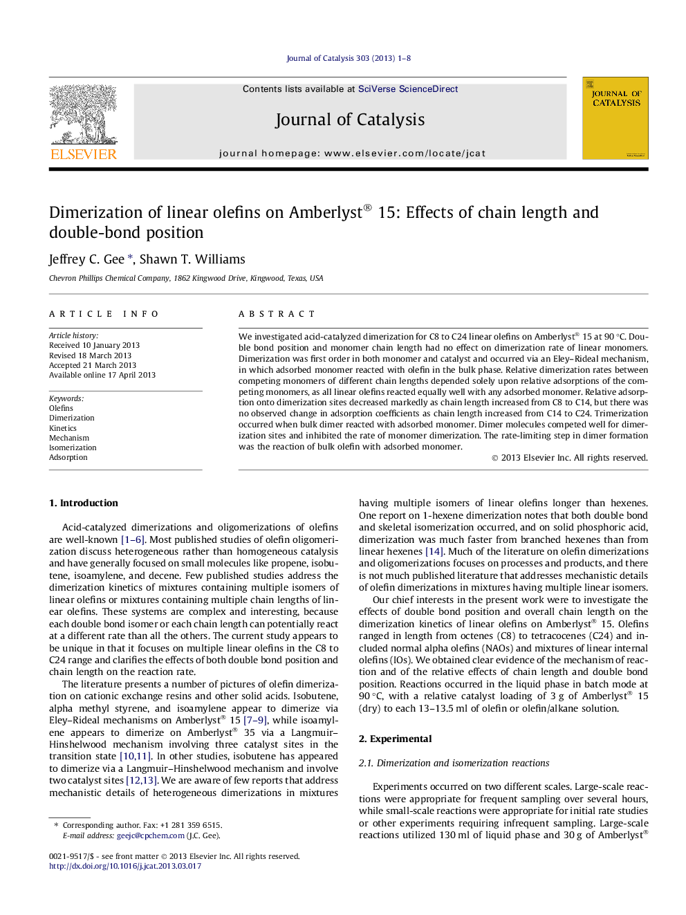 Dimerization of linear olefins on Amberlyst® 15: Effects of chain length and double-bond position