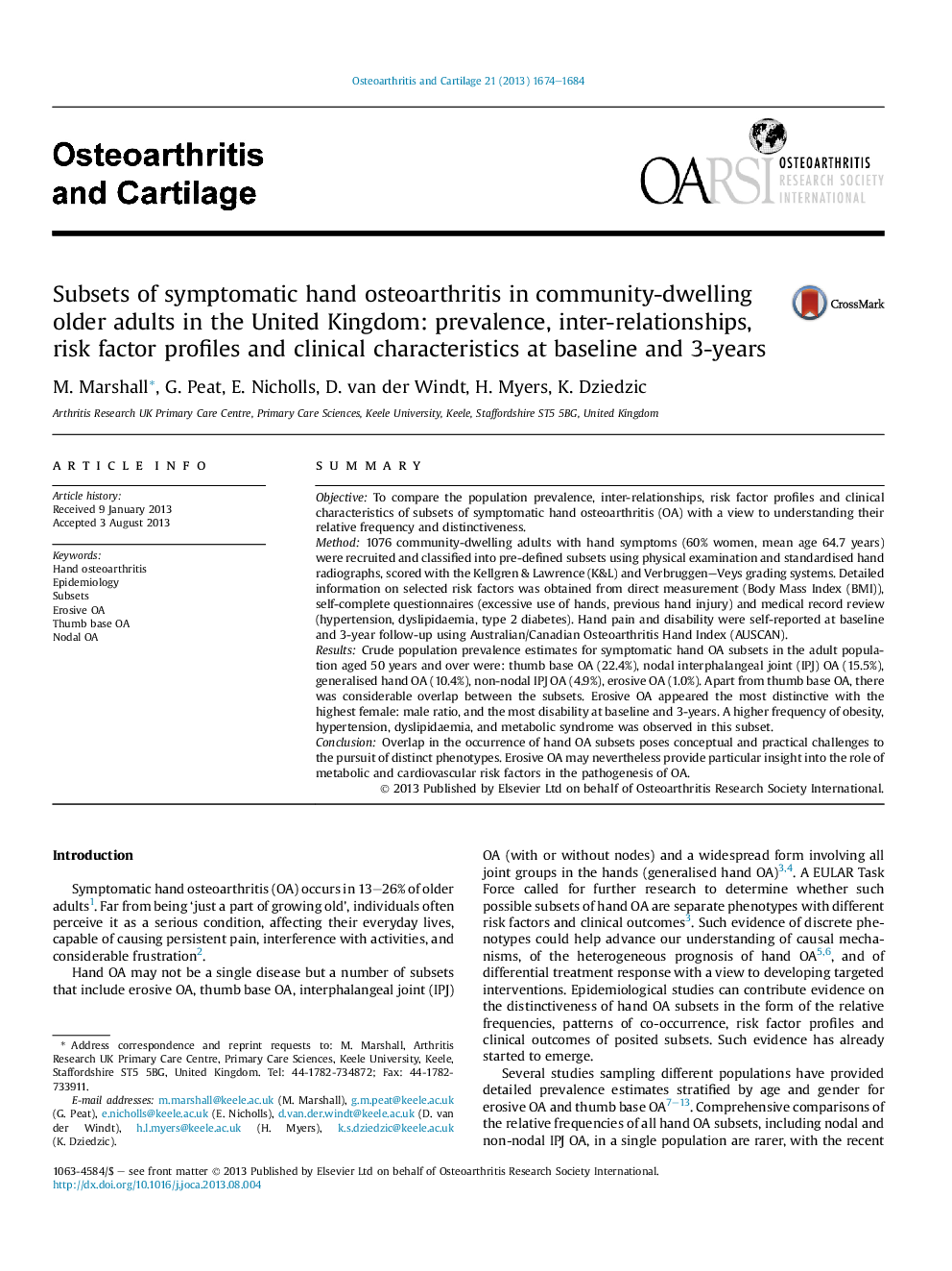 Subsets of symptomatic hand osteoarthritis in community-dwelling older adults in the United Kingdom: prevalence, inter-relationships, risk factor profiles and clinical characteristics at baseline and 3-years