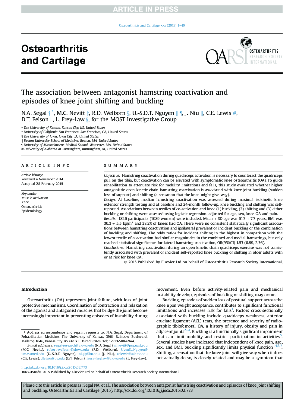 The association between antagonist hamstring coactivation and episodes of knee joint shifting and buckling