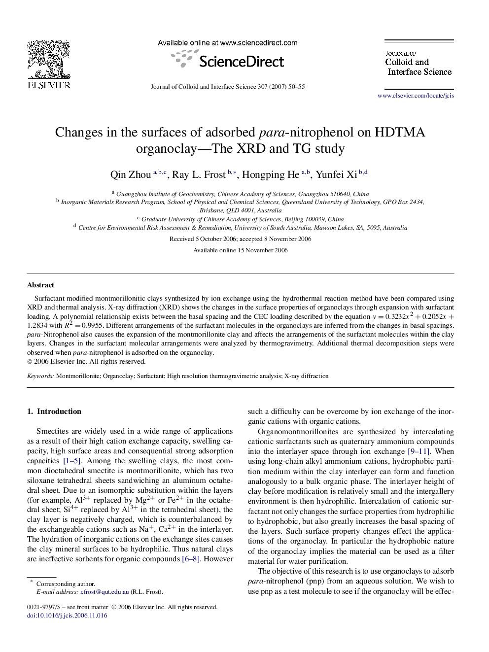 Changes in the surfaces of adsorbed para-nitrophenol on HDTMA organoclay—The XRD and TG study