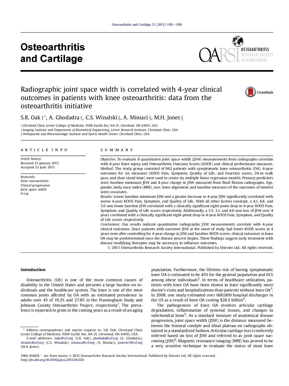 Radiographic joint space width is correlated with 4-year clinical outcomes in patients with knee osteoarthritis: data from the osteoarthritis initiative