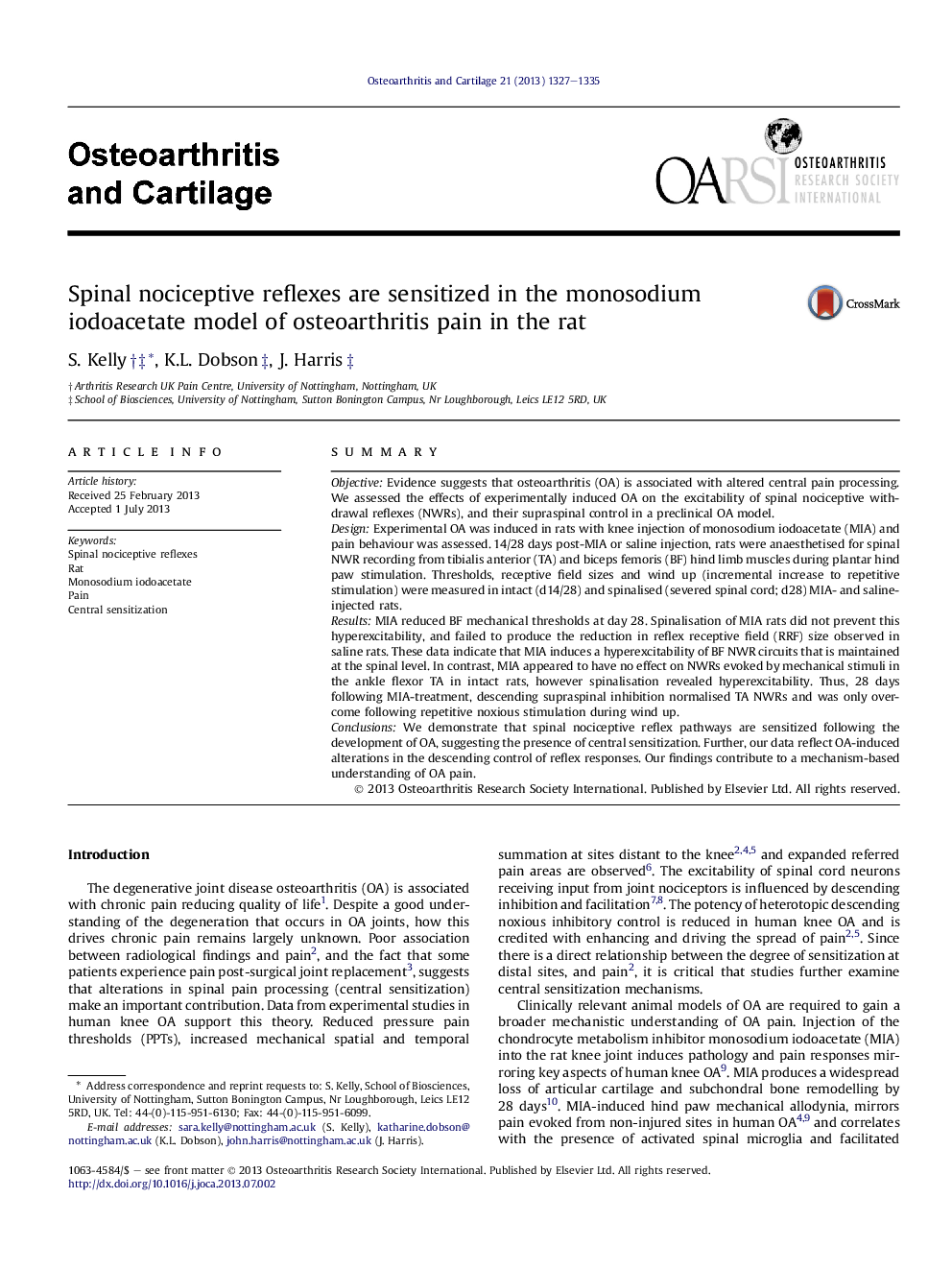 Spinal nociceptive reflexes are sensitized in the monosodium iodoacetate model of osteoarthritis pain in the rat