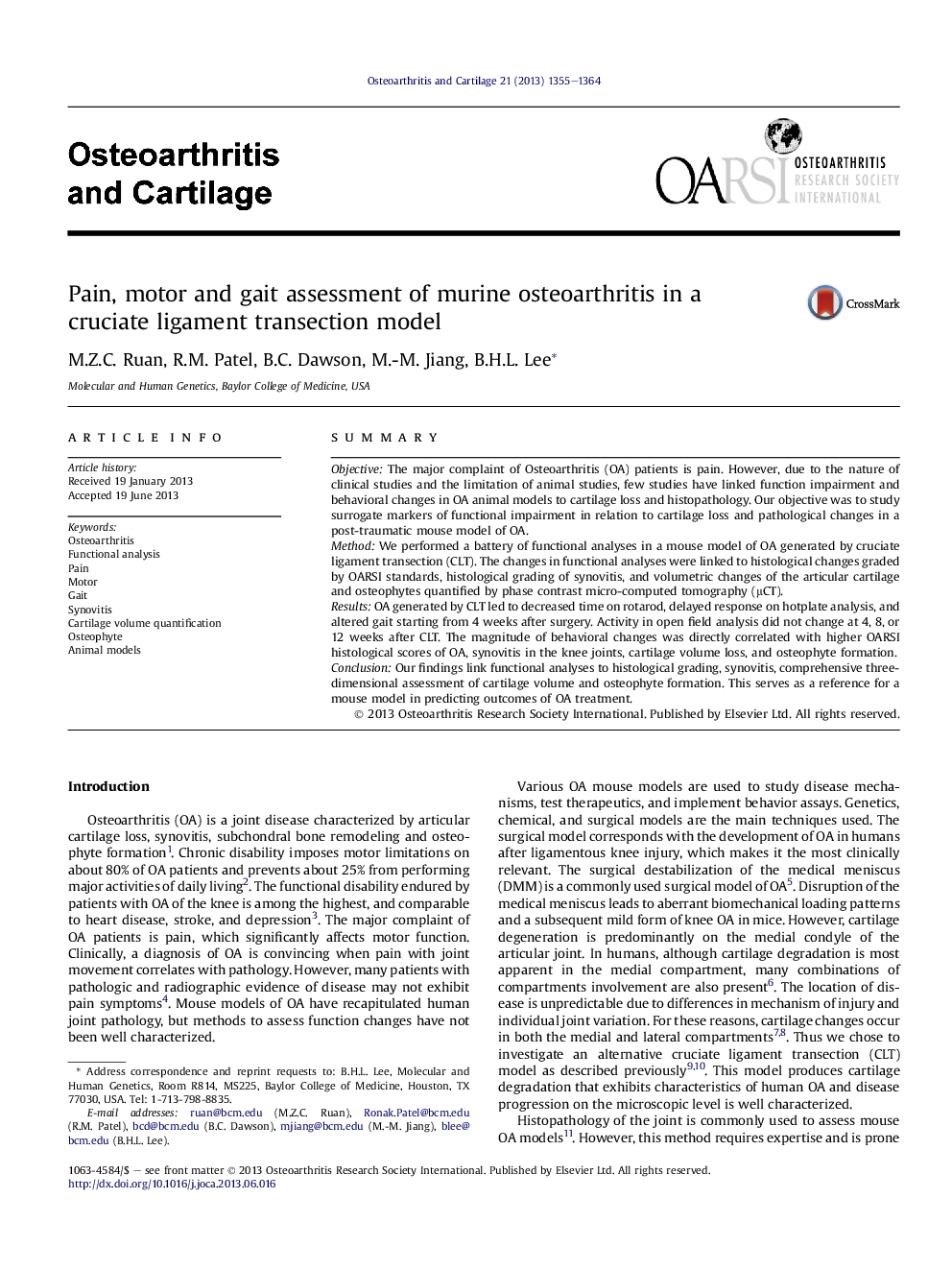 Pain, motor and gait assessment of murine osteoarthritis in a cruciate ligament transection model