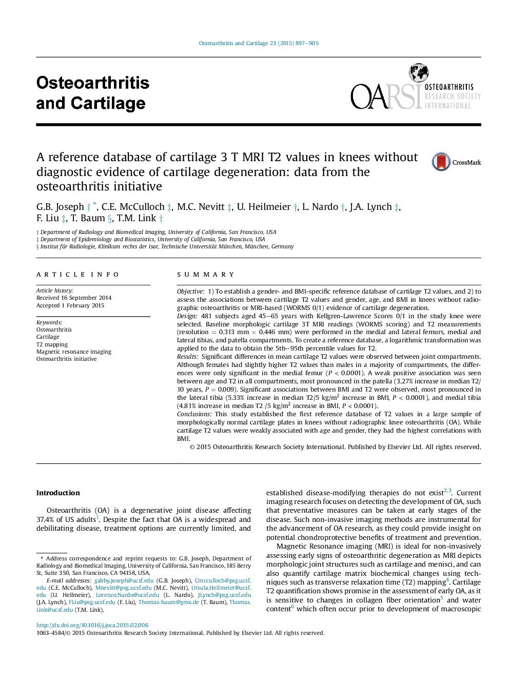 A reference database of cartilage 3Â T MRI T2 values in knees without diagnostic evidence of cartilage degeneration: data from the osteoarthritis initiative