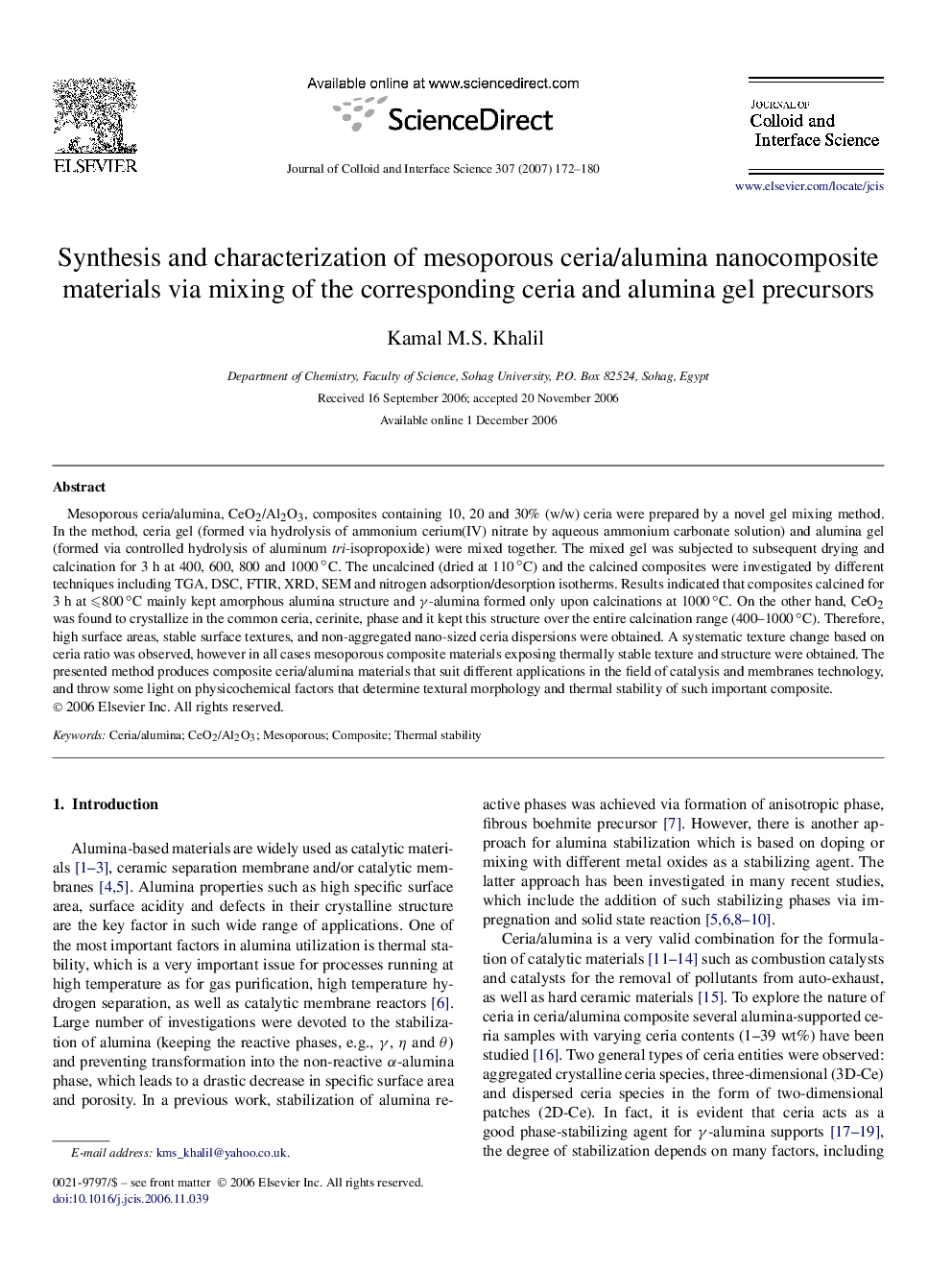 Synthesis and characterization of mesoporous ceria/alumina nanocomposite materials via mixing of the corresponding ceria and alumina gel precursors