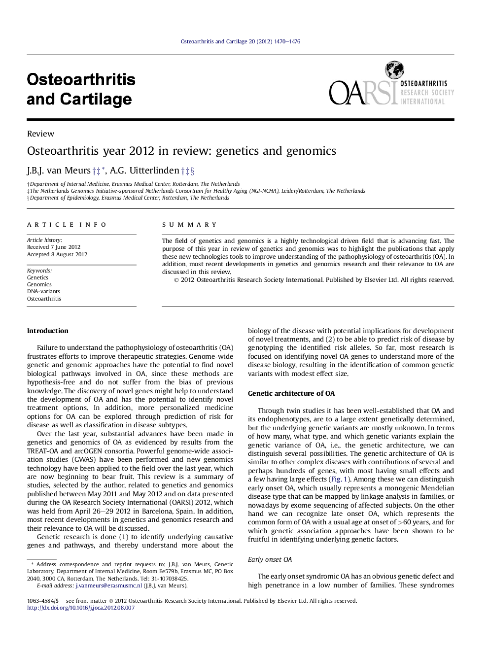 Osteoarthritis year 2012 in review: genetics and genomics