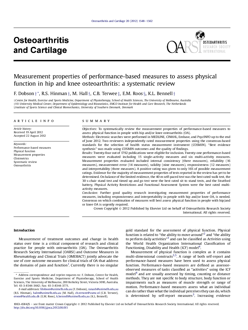 Measurement properties of performance-based measures to assess physical function in hip and knee osteoarthritis: a systematic review