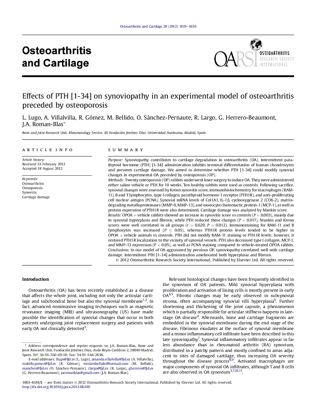 Effects of PTH [1-34] on synoviopathy in an experimental model of osteoarthritis preceded by osteoporosis