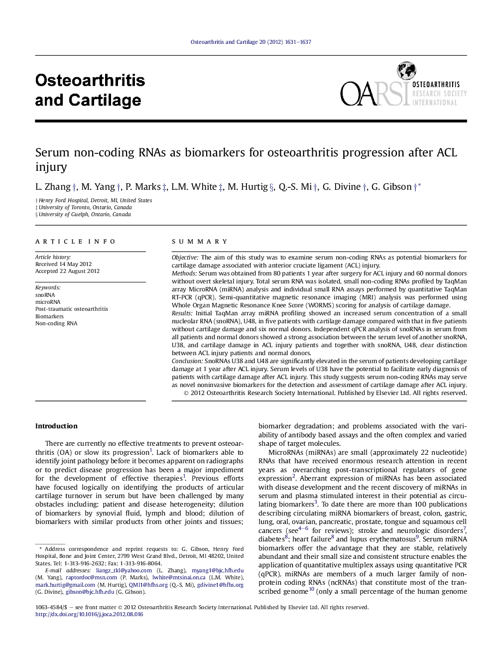 Serum non-coding RNAs as biomarkers for osteoarthritis progression after ACL injury