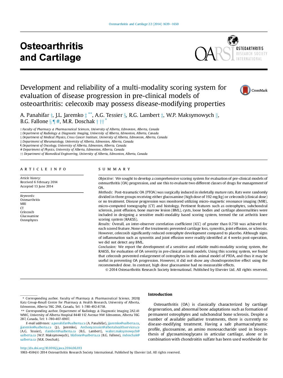 Development and reliability of a multi-modality scoring system for evaluation of disease progression in pre-clinical models of osteoarthritis: celecoxib may possess disease-modifying properties