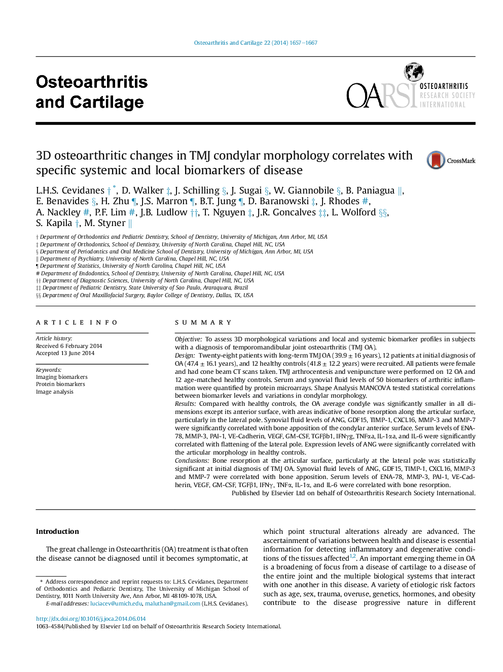 3D osteoarthritic changes in TMJ condylar morphology correlates with specific systemic and local biomarkers of disease