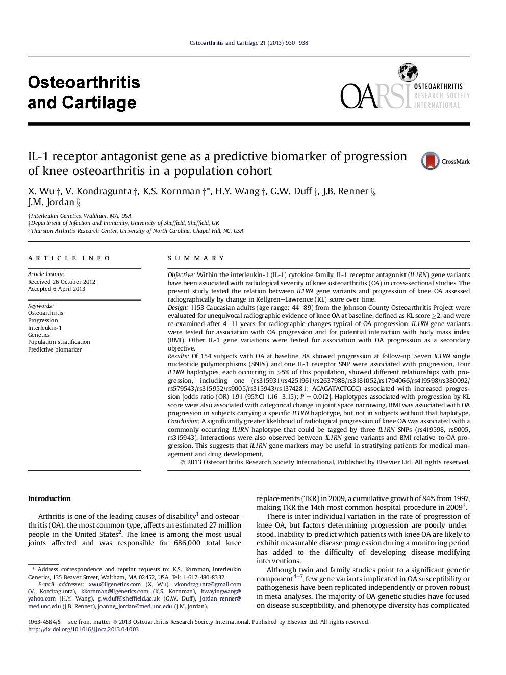 IL-1 receptor antagonist gene as a predictive biomarker of progression of knee osteoarthritis in a population cohort