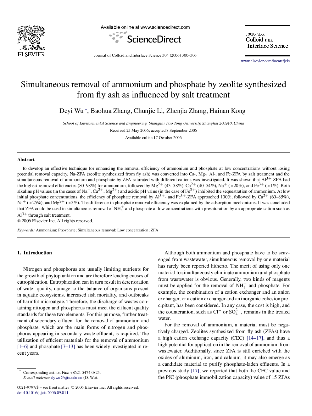 Simultaneous removal of ammonium and phosphate by zeolite synthesized from fly ash as influenced by salt treatment