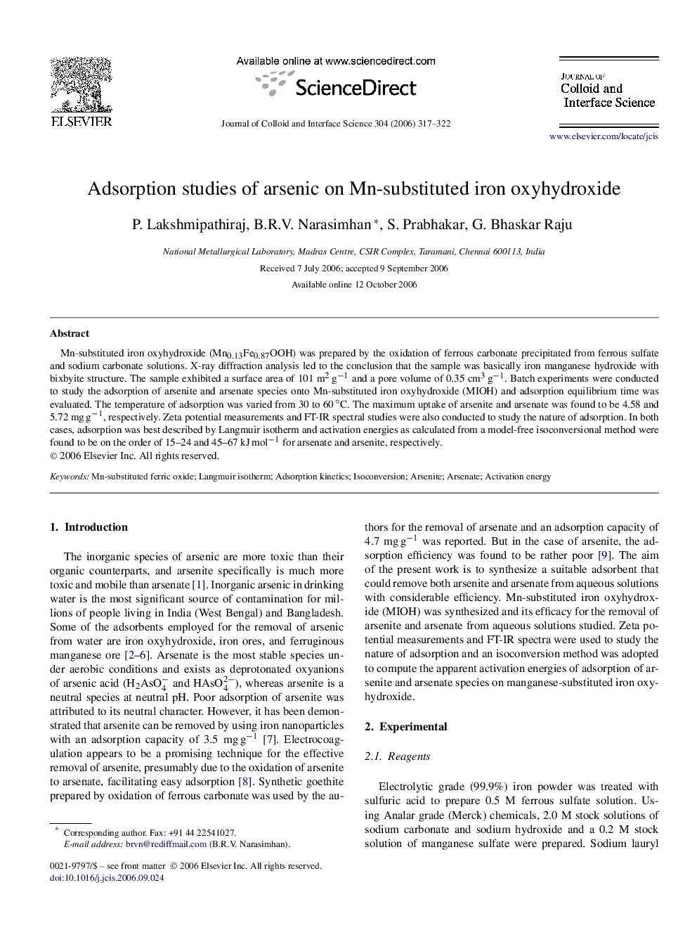 Adsorption studies of arsenic on Mn-substituted iron oxyhydroxide