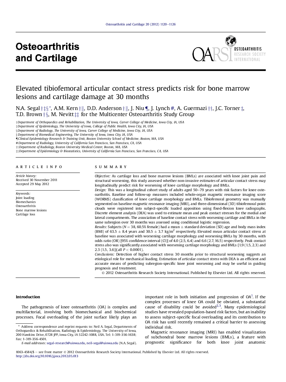 Elevated tibiofemoral articular contact stress predicts risk for bone marrow lesions and cartilage damage at 30Â months