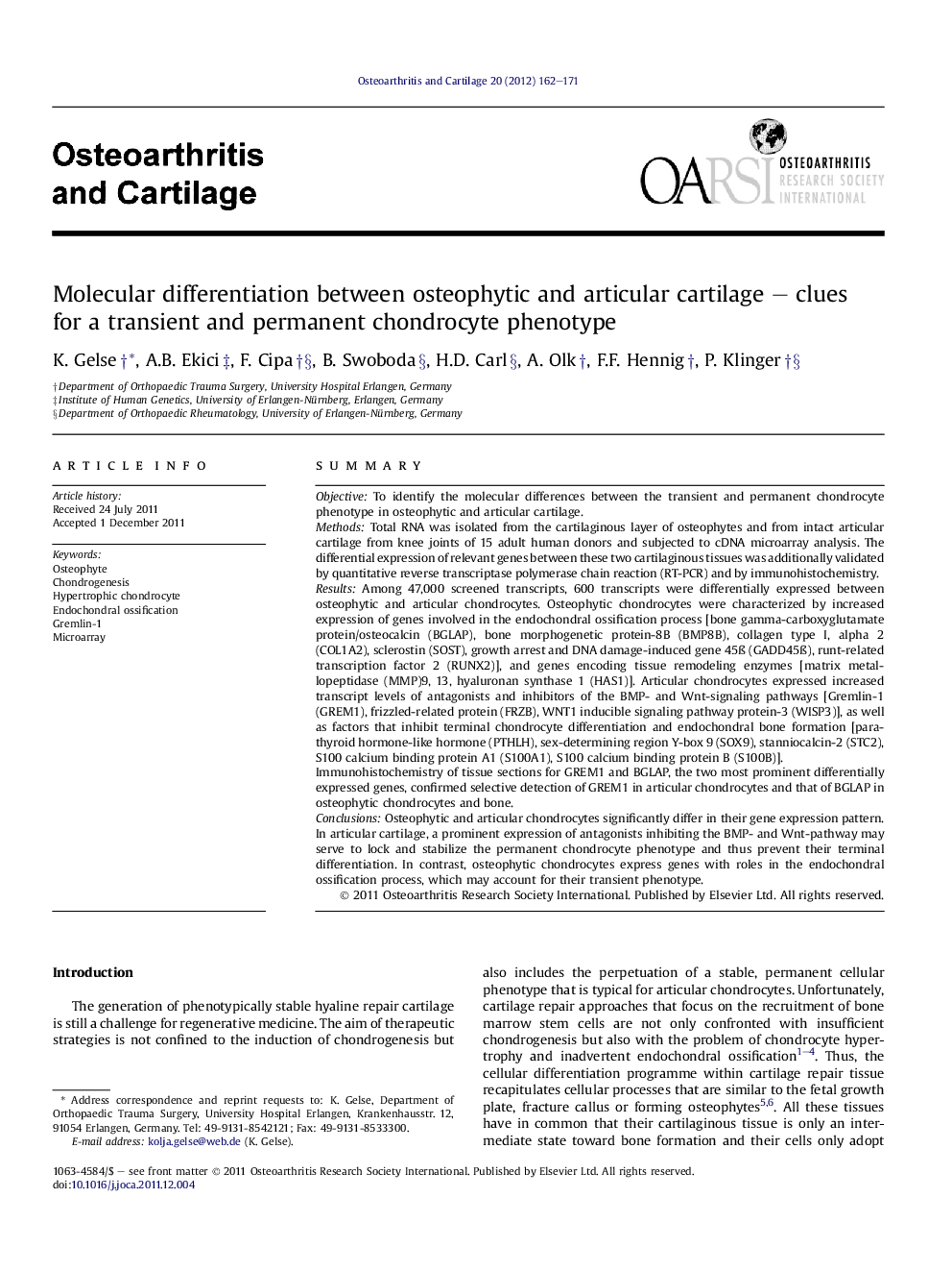 Molecular differentiation between osteophytic and articular cartilage - clues for a transient and permanent chondrocyte phenotype