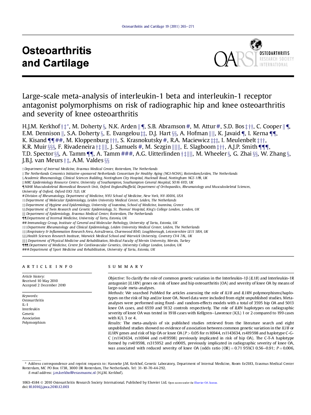 Large-scale meta-analysis of interleukin-1 beta and interleukin-1 receptor antagonist polymorphisms on risk of radiographic hip and knee osteoarthritis and severity of knee osteoarthritis