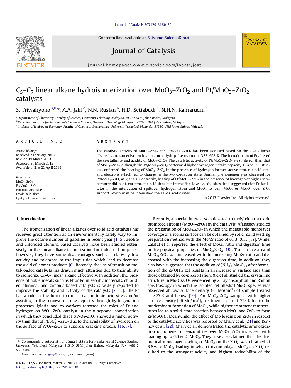 C5–C7 linear alkane hydroisomerization over MoO3–ZrO2 and Pt/MoO3–ZrO2 catalysts