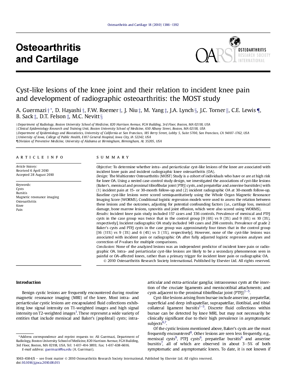 عکس صفحه اول مقاله: Cyst-like lesions of the knee joint and their relation to incident knee pain and development of radiographic osteoarthritis: the MOST study Cyst-like lesions of the knee joint and their relation to incident knee pain and development of radiographic osteoarthritis: the MOST study