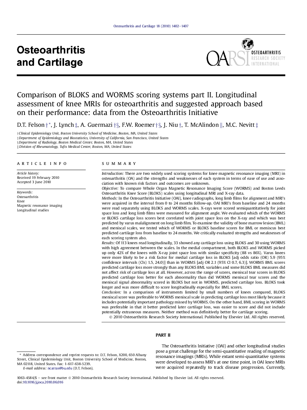 Comparison of BLOKS and WORMS scoring systems part II. Longitudinal assessment of knee MRIs for osteoarthritis and suggested approach based on their performance: data from the Osteoarthritis Initiative