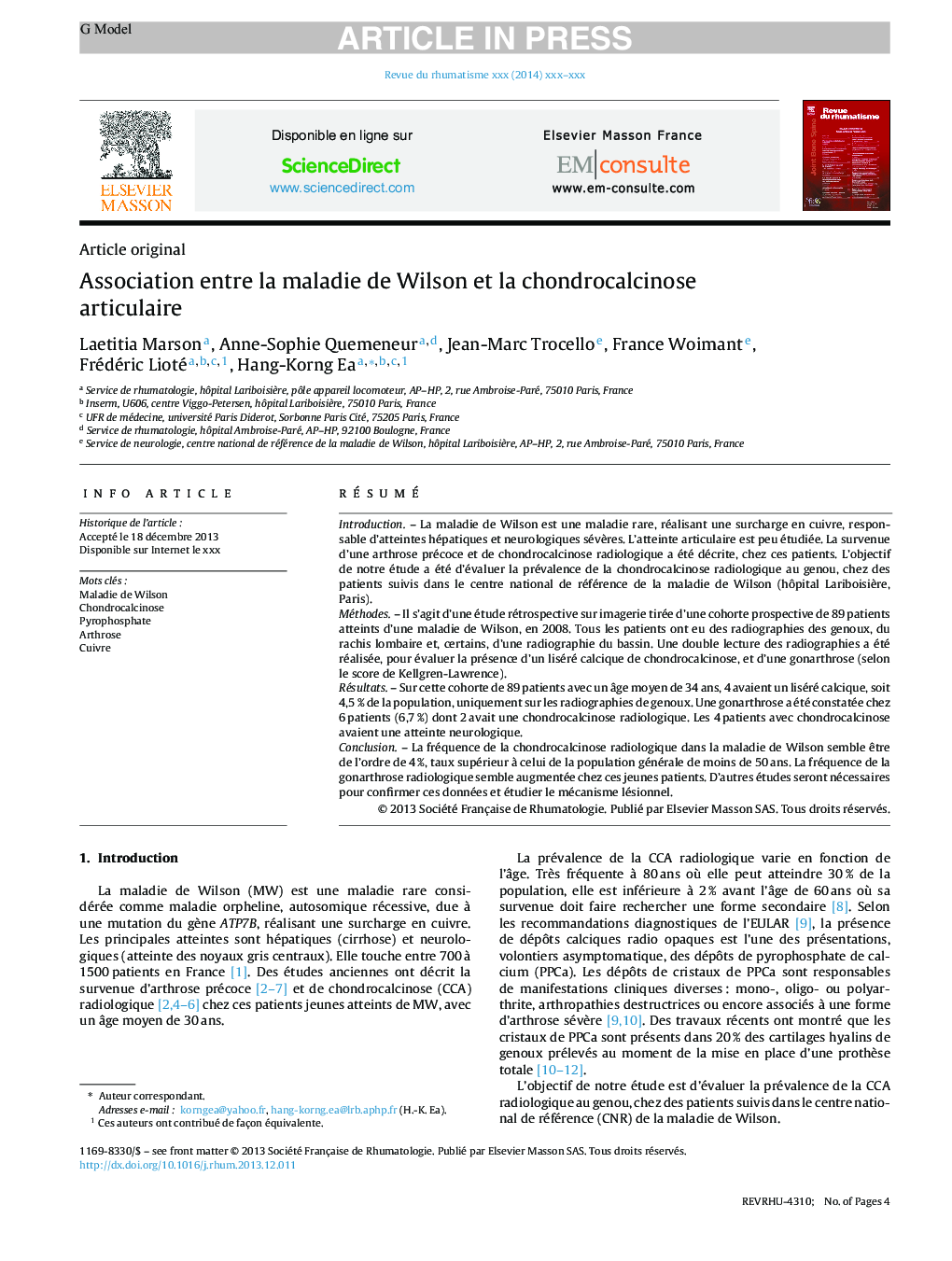 Association entre la maladie de Wilson et la chondrocalcinose articulaire