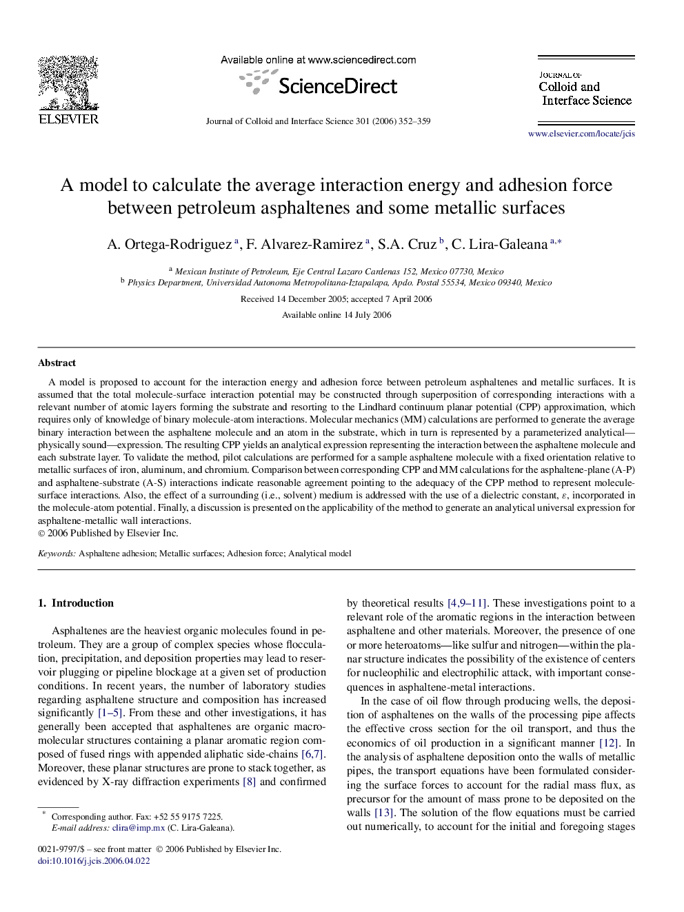 A model to calculate the average interaction energy and adhesion force between petroleum asphaltenes and some metallic surfaces