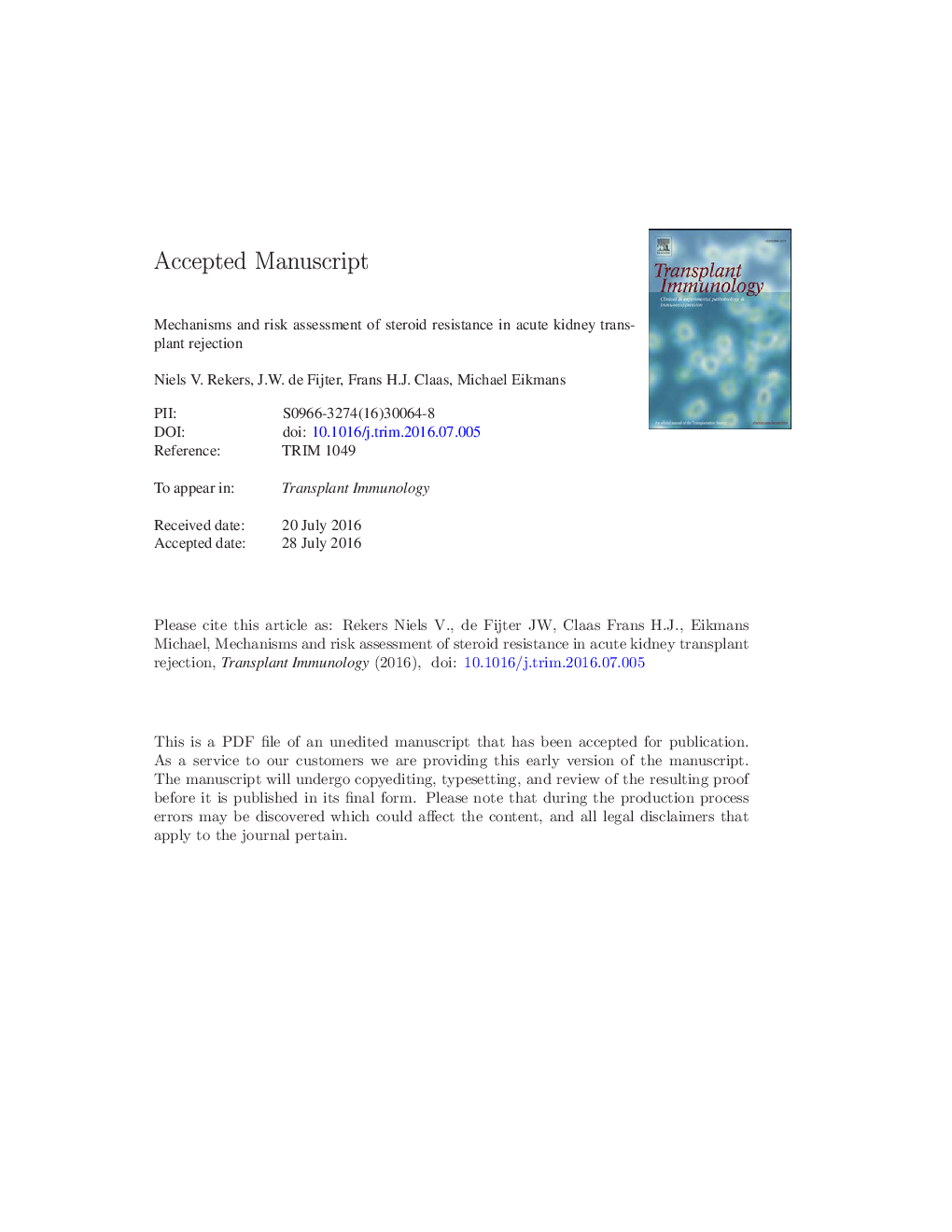 Mechanisms and risk assessment of steroid resistance in acute kidney transplant rejection