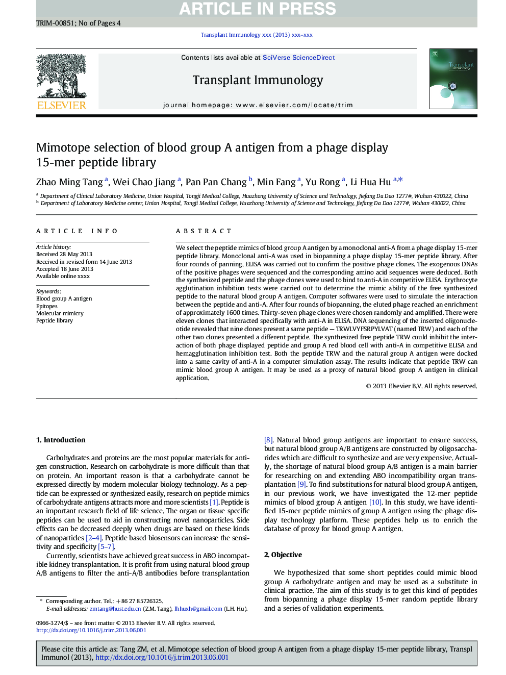 Mimotope selection of blood group A antigen from a phage display 15-mer peptide library