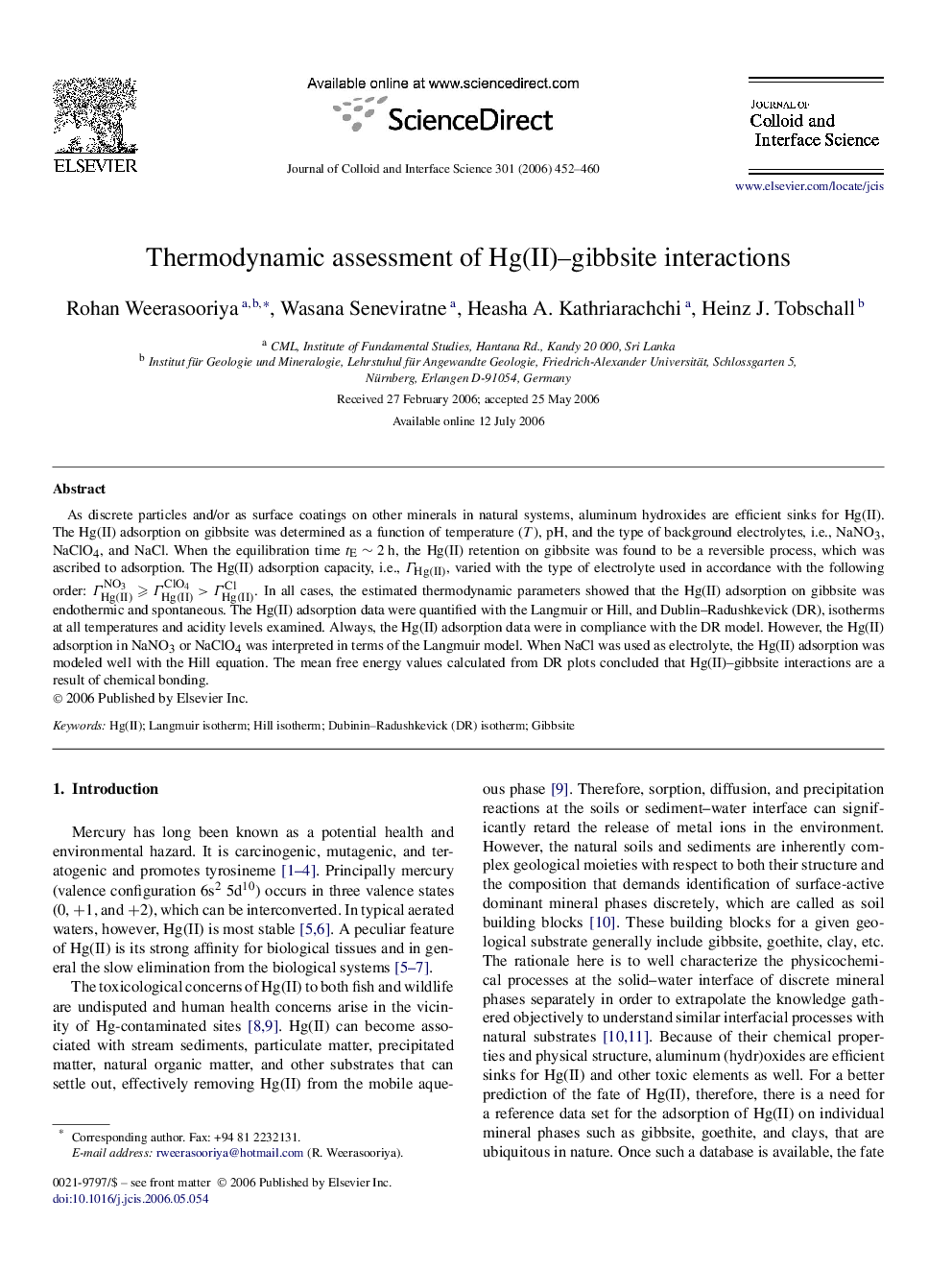 Thermodynamic assessment of Hg(II)–gibbsite interactions