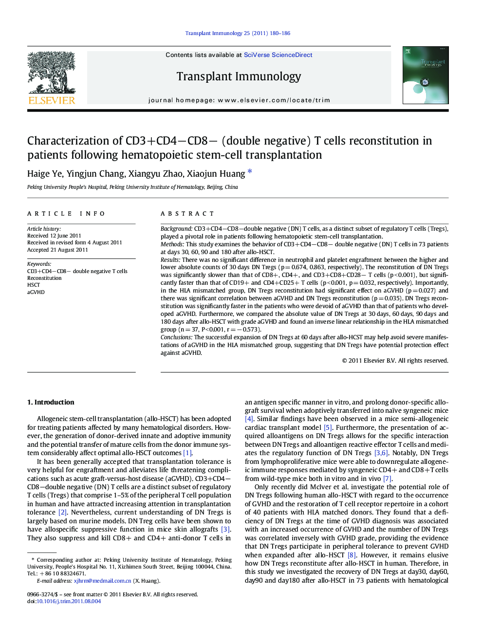 Characterization of CD3+CD4âCD8â (double negative) T cells reconstitution in patients following hematopoietic stem-cell transplantation