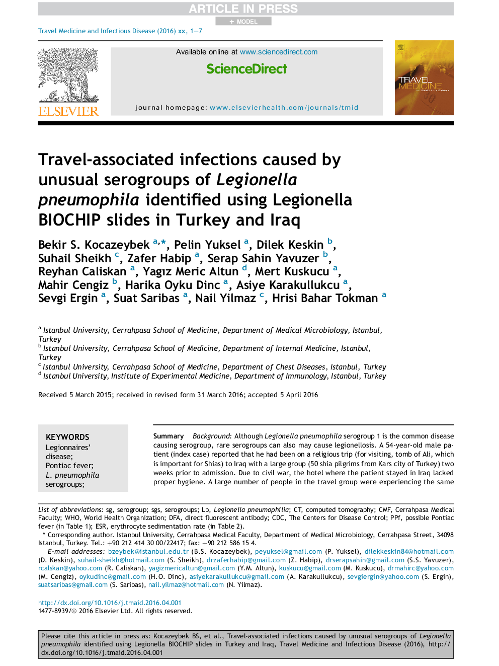 Travel-associated infections caused by unusual serogroups of Legionella pneumophila identified using Legionella BIOCHIP slides in Turkey and Iraq