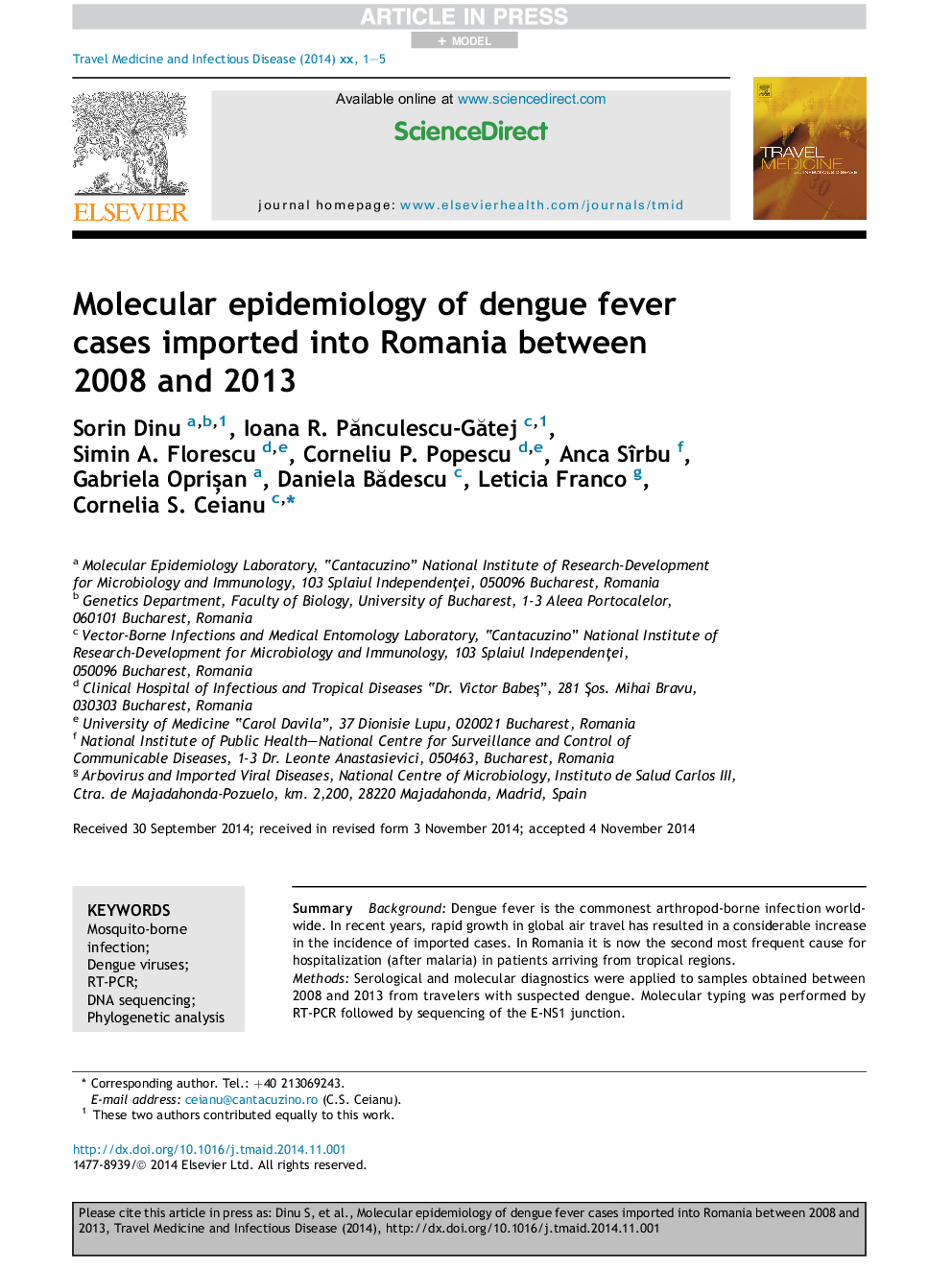 Molecular epidemiology of dengue fever cases imported into Romania between 2008 and 2013