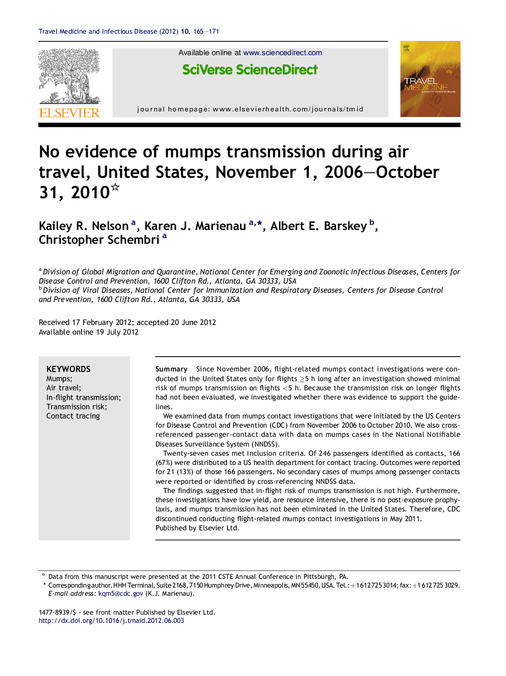 No evidence of mumps transmission during air travel, United States, November 1, 2006-October 31, 2010