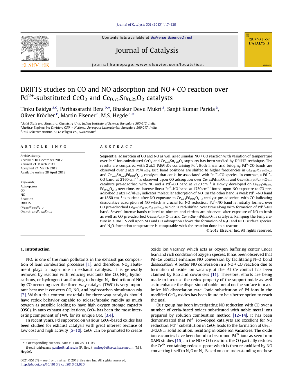 DRIFTS studies on CO and NO adsorption and NO + CO reaction over Pd2+-substituted CeO2 and Ce0.75Sn0.25O2 catalysts