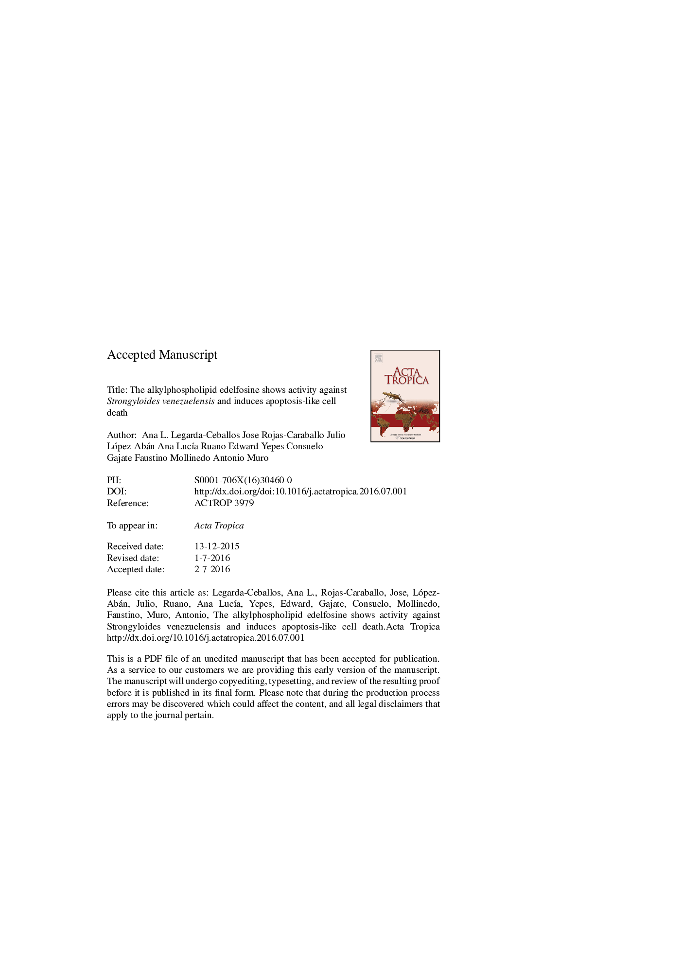 The alkylphospholipid edelfosine shows activity against Strongyloides venezuelensis and induces apoptosis-like cell death