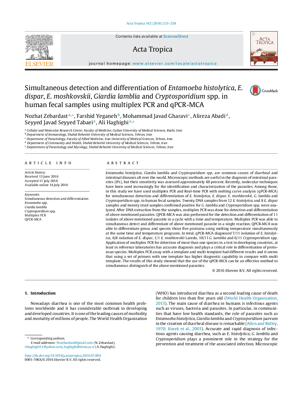 Simultaneous detection and differentiation of Entamoeba histolytica, E. dispar, E. moshkovskii, Giardia lamblia and Cryptosporidium spp. in human fecal samples using multiplex PCR and qPCR-MCA