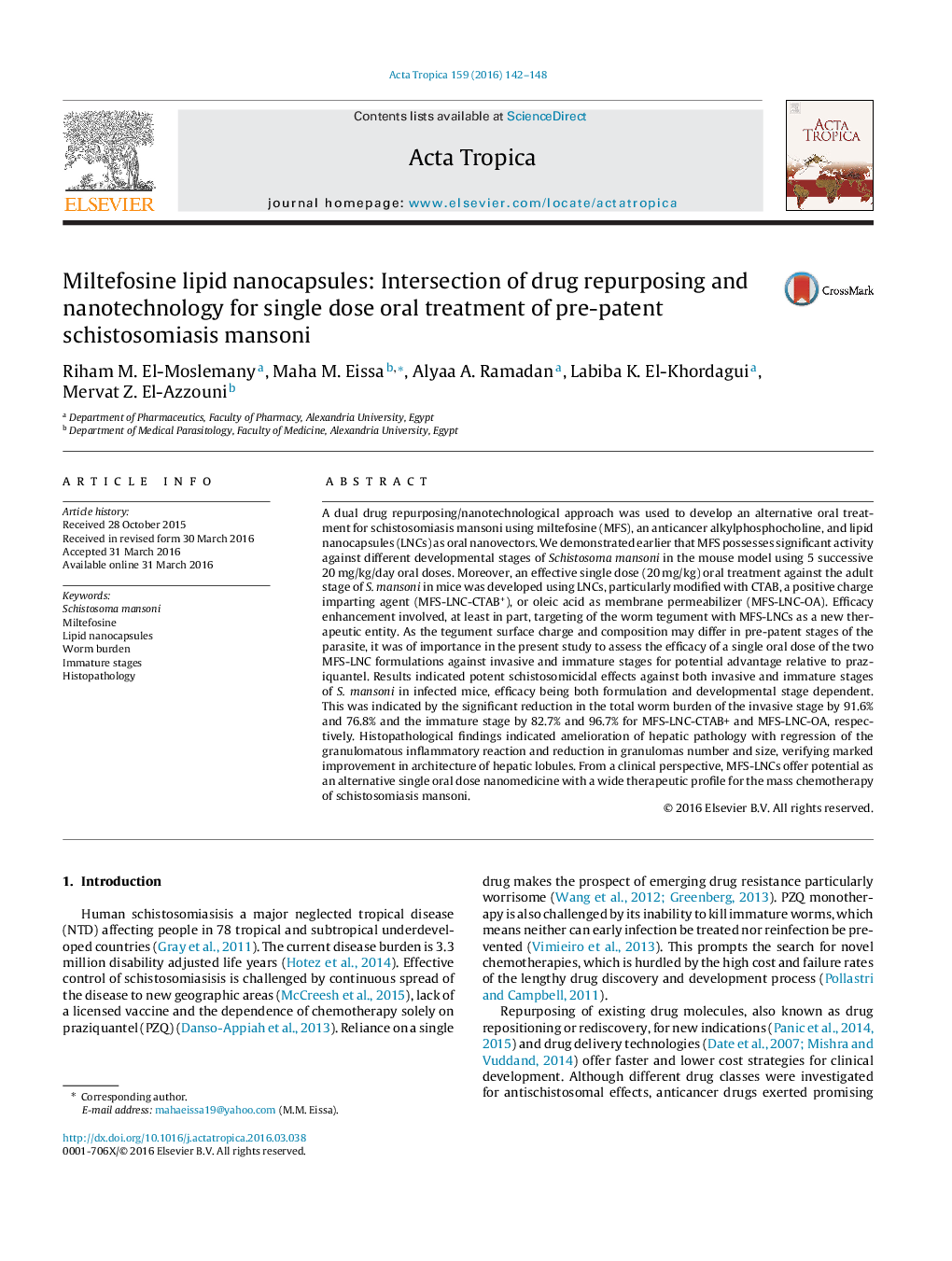 Miltefosine lipid nanocapsules: Intersection of drug repurposing and nanotechnology for single dose oral treatment of pre-patent schistosomiasis mansoni