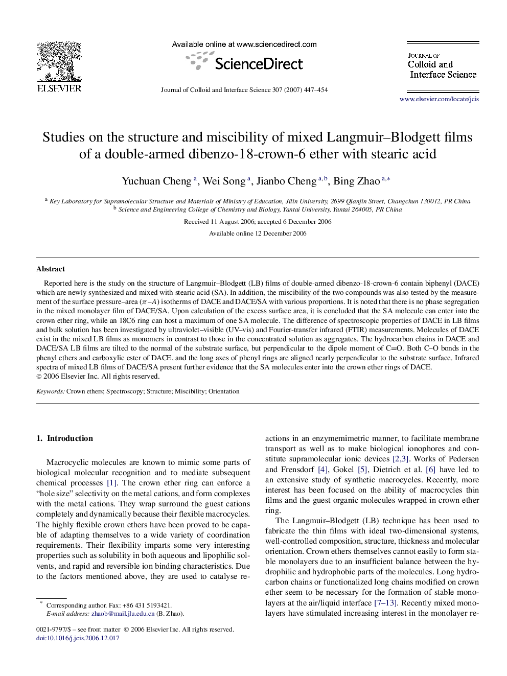 Studies on the structure and miscibility of mixed Langmuir–Blodgett films of a double-armed dibenzo-18-crown-6 ether with stearic acid