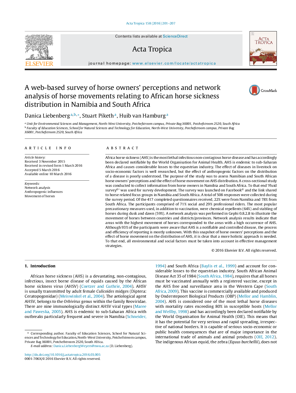 A web-based survey of horse owners' perceptions and network analysis of horse movements relating to African horse sickness distribution in Namibia and South Africa