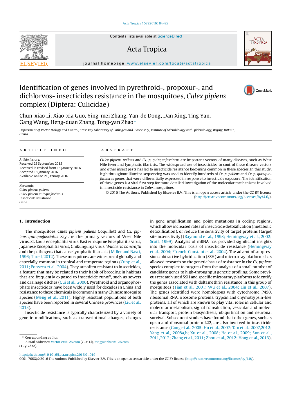 Identification of genes involved in pyrethroid-, propoxur-, and dichlorvos- insecticides resistance in the mosquitoes, Culex pipiens complex (Diptera: Culicidae)