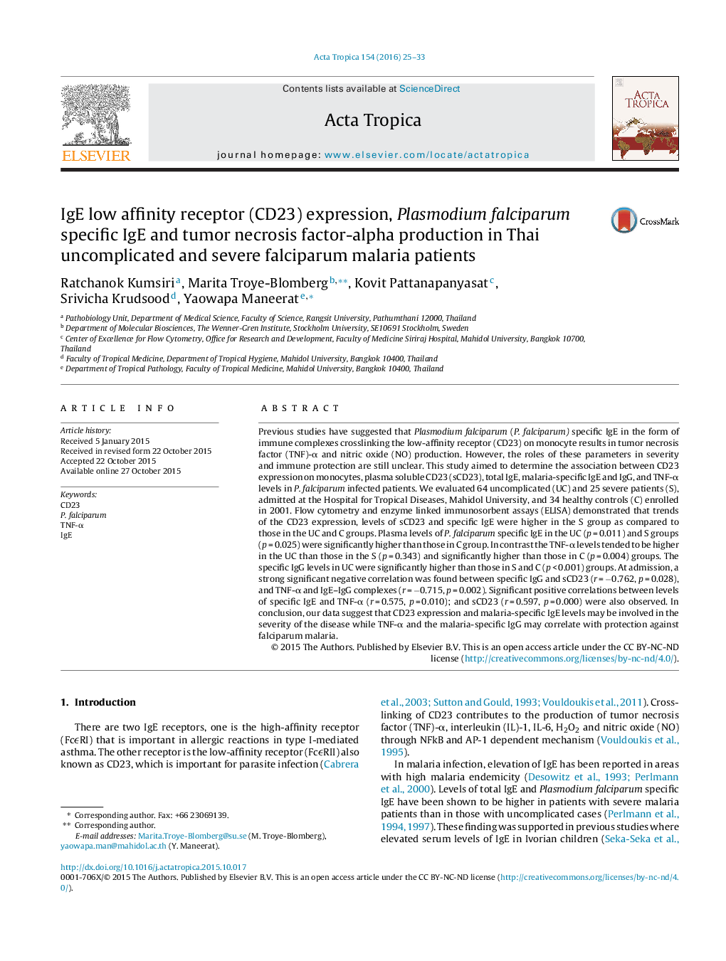 IgE low affinity receptor (CD23) expression, Plasmodium falciparum specific IgE and tumor necrosis factor-alpha production in Thai uncomplicated and severe falciparum malaria patients