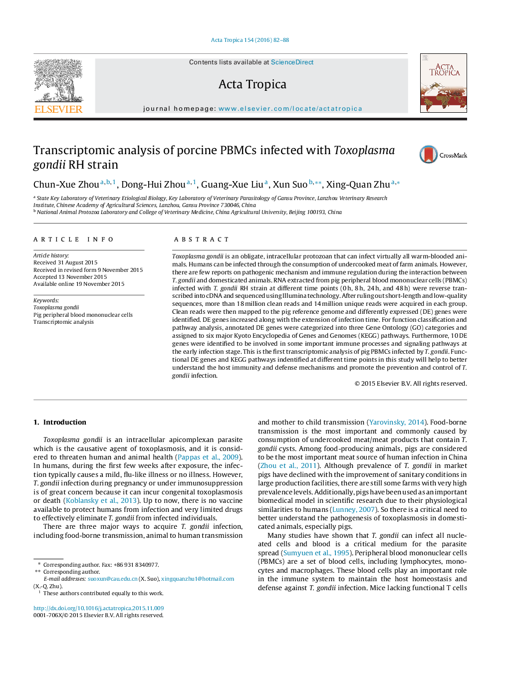 Transcriptomic analysis of porcine PBMCs infected with Toxoplasma gondii RH strain