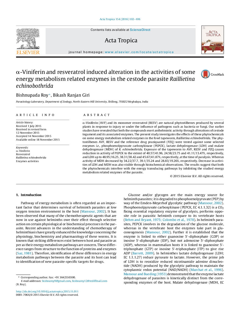 Î±-Viniferin and resveratrol induced alteration in the activities of some energy metabolism related enzymes in the cestode parasite Raillietina echinobothrida