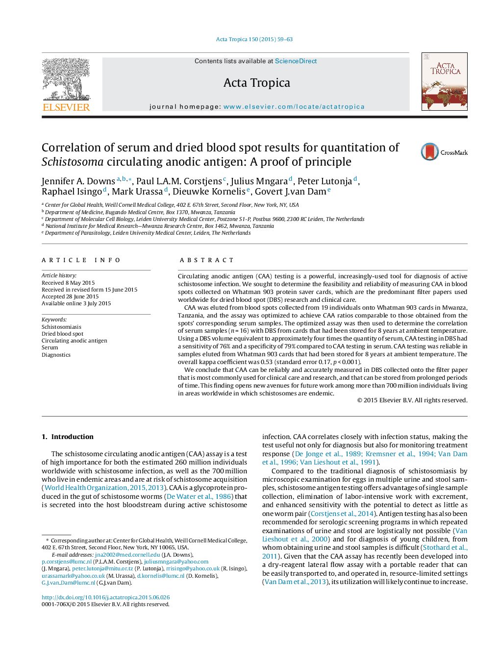 Correlation of serum and dried blood spot results for quantitation of Schistosoma circulating anodic antigen: A proof of principle