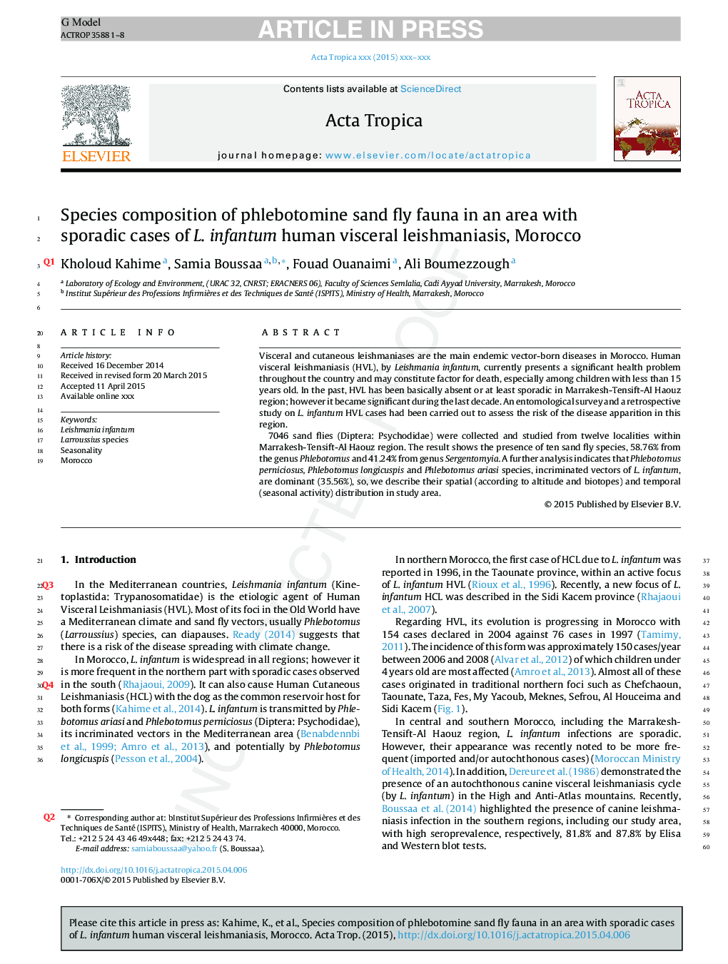 Species composition of phlebotomine sand fly fauna in an area with sporadic cases of Leishmania infantum human visceral leishmaniasis, Morocco