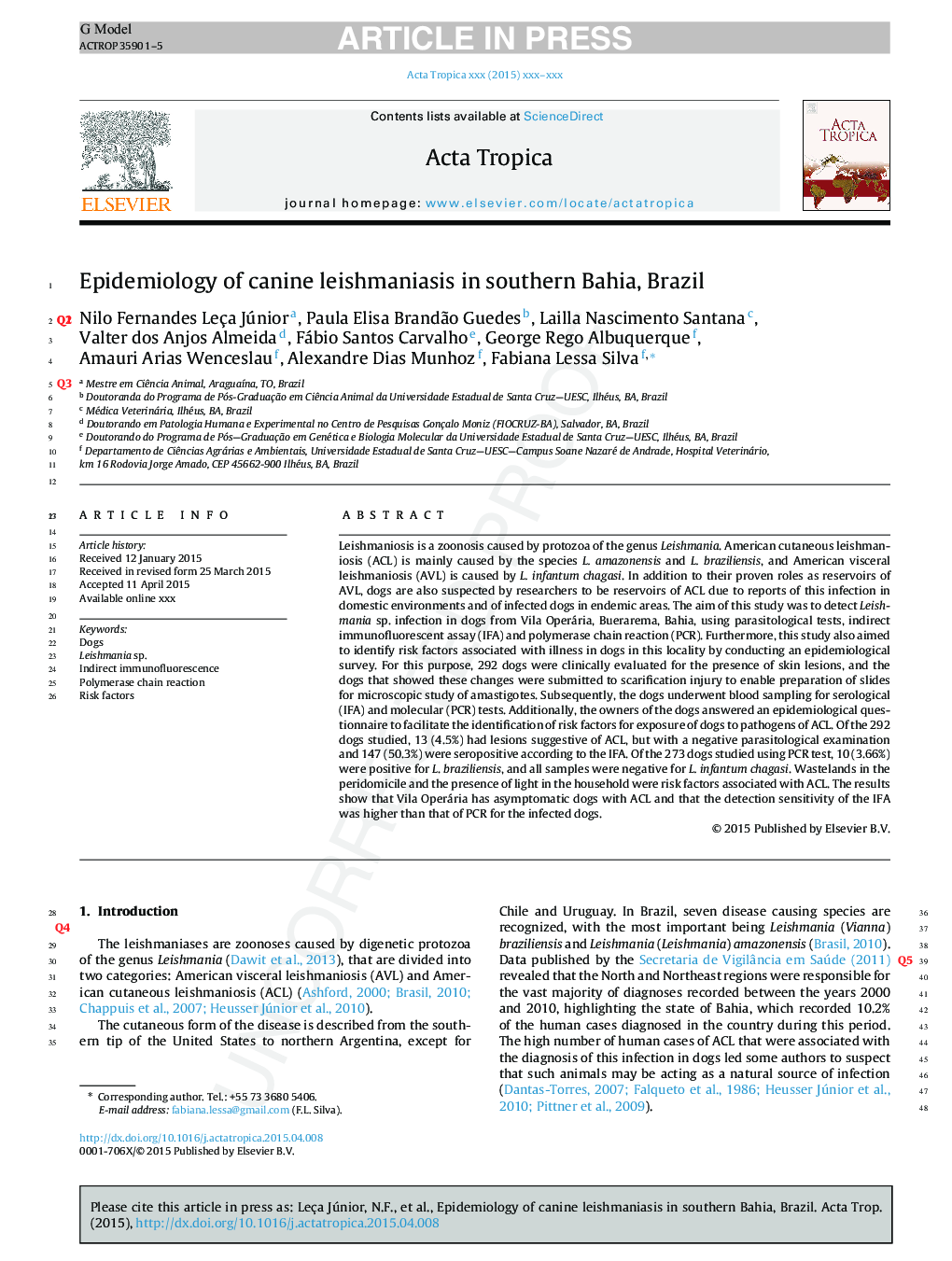 Epidemiology of canine leishmaniasis in southern Bahia, Brazil